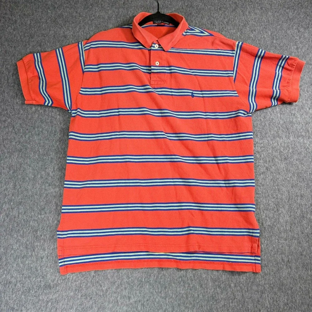 Polo Ralph Lauren Polo Shirt Mens L Orange Striped Short Sleeve Cotton Logo